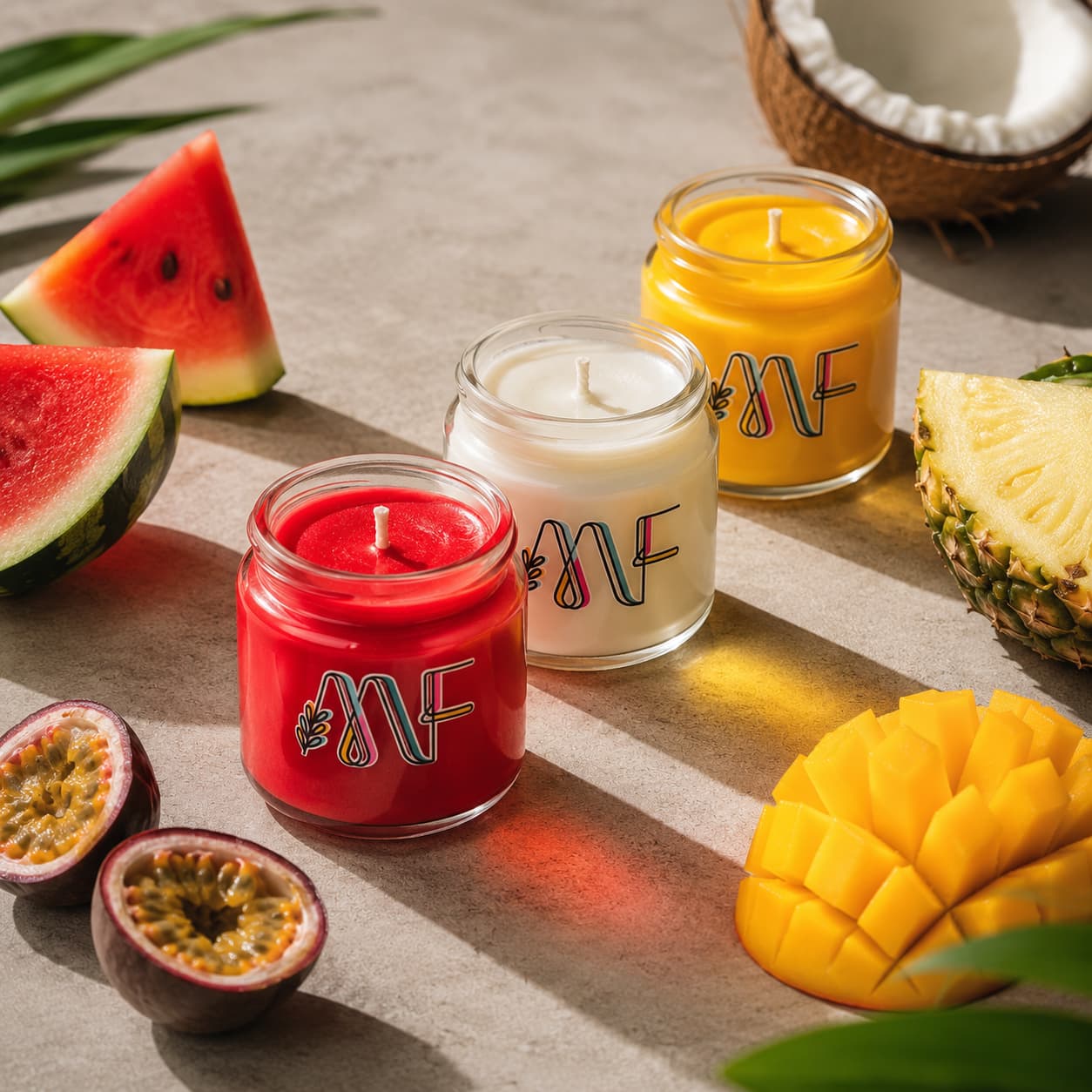 Pack de velas aromáticas Aura Tropical Madame Fresh, con aromas a piña colada, sandia y maracuya para el hogar