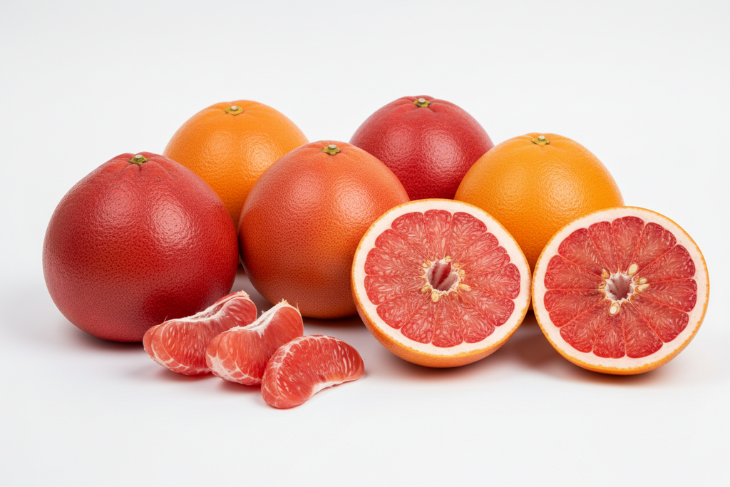 pomelos rojos y naranjos en fondo blanco